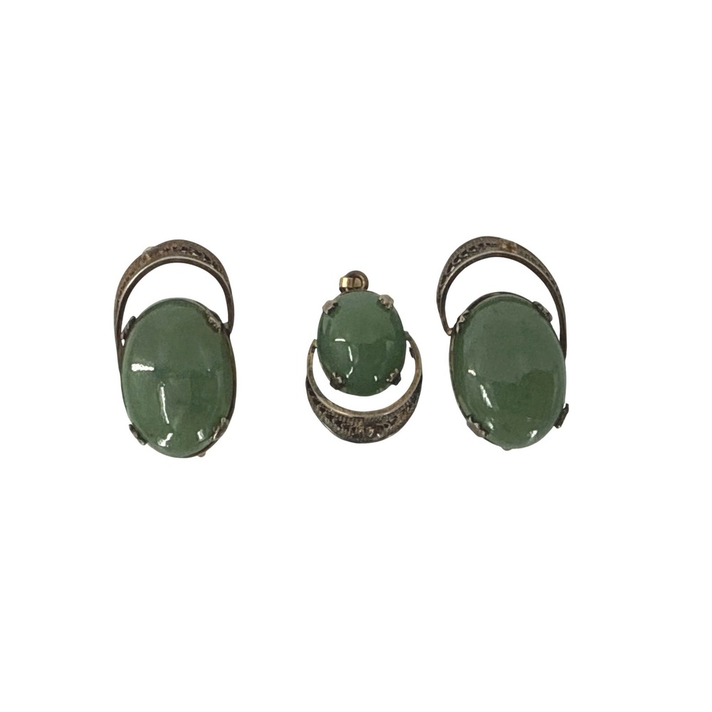 Sorrento Sterling Silver Green Cabuchon Filigree Earrings Pendant Set Vintage